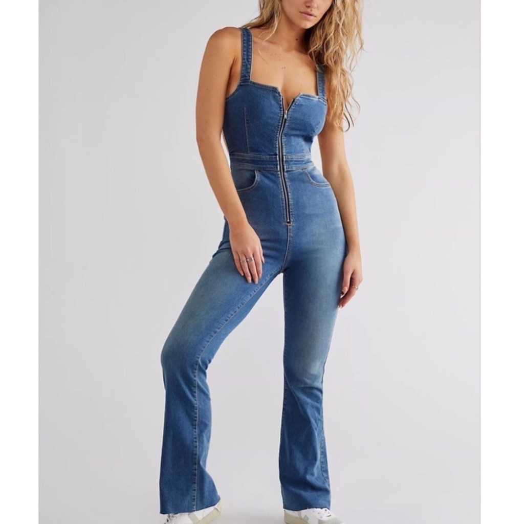 New Free People Curvy 2nd Ave Flare Denim Jumpsuit